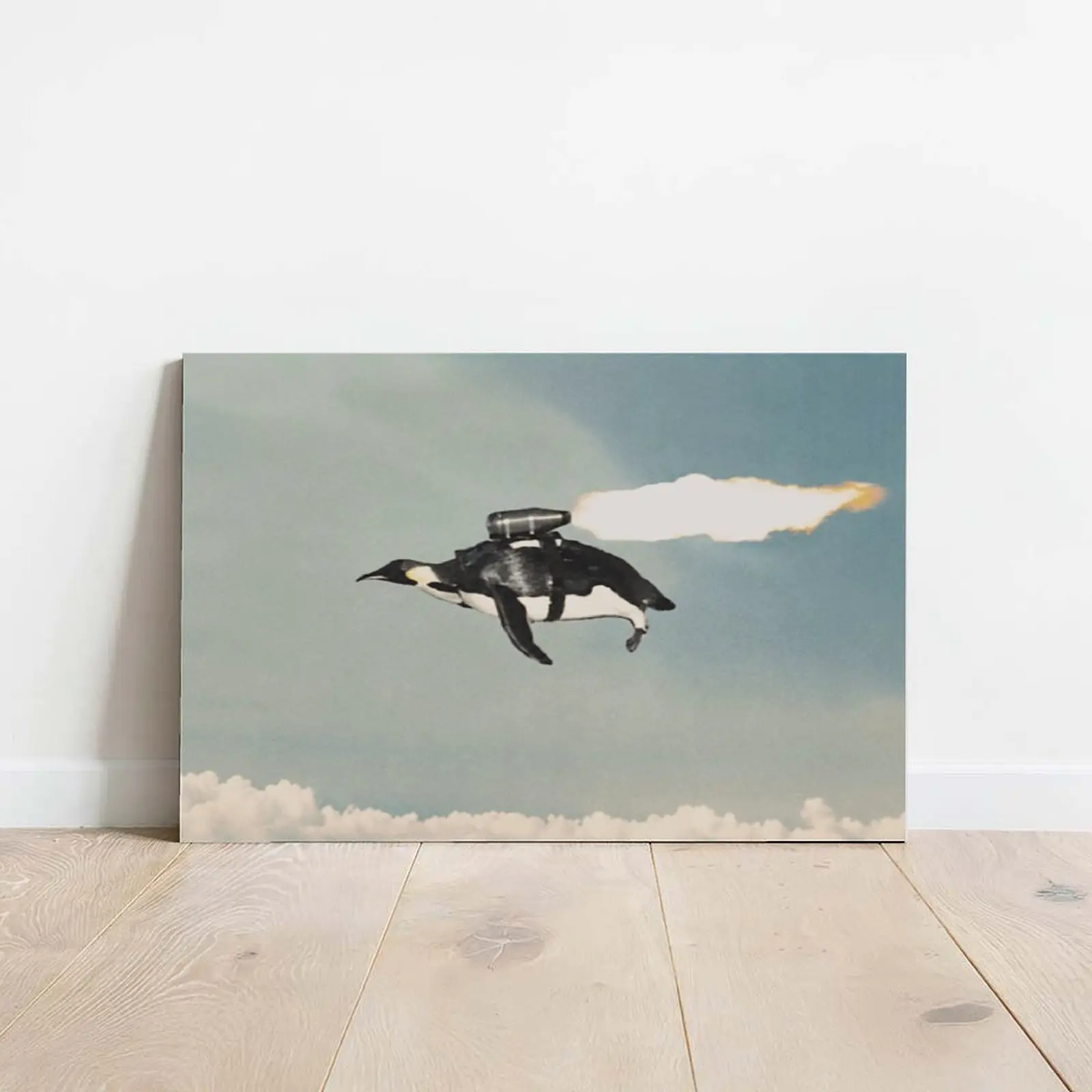 Funny Flying Penguin Jetpack Canvas Wall Art Surreal Flying Penguin Poster Print Retro Absurdist Meme Animal Canvas Painting Humorous Aesthetic Pictures Decor for Living Room Bedroom Studio Artworks