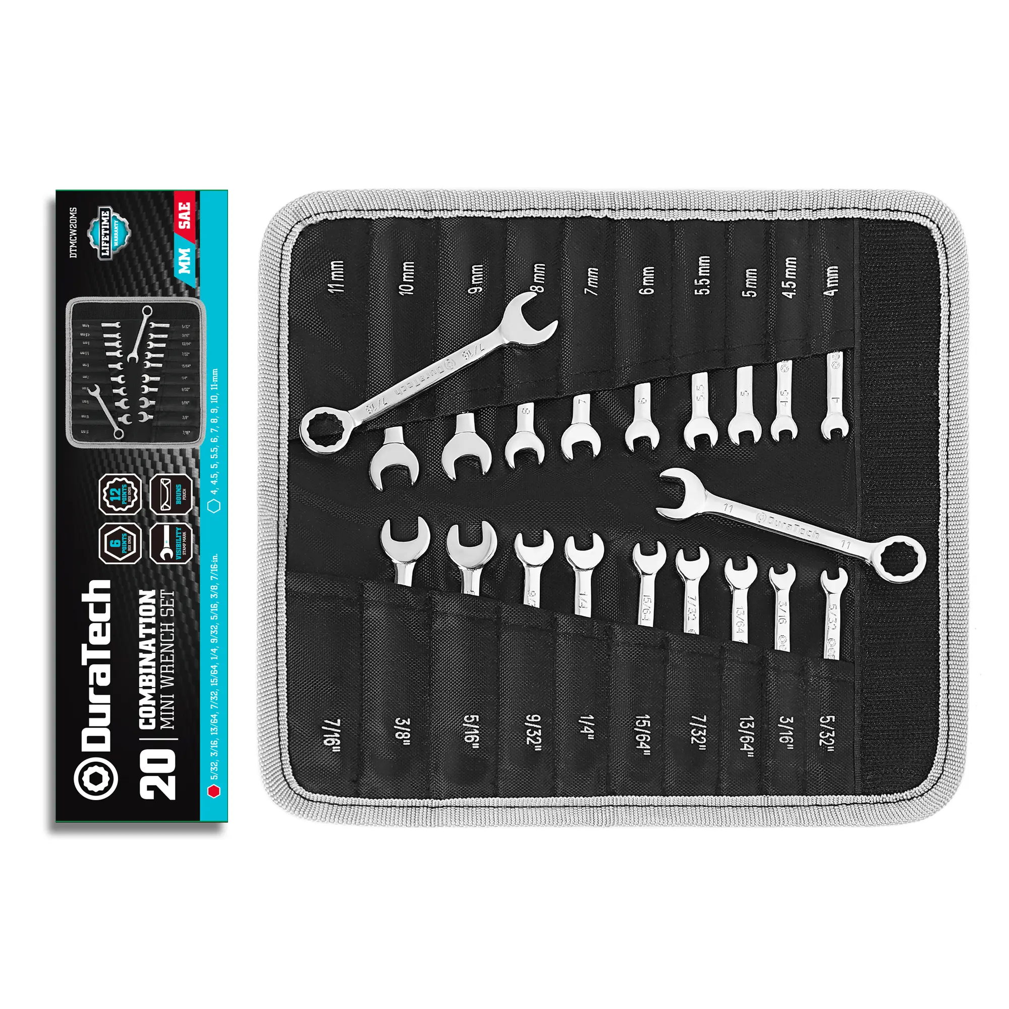 #backtoschool DURATECH Mini Wrench Set, Midget Combination Wrench Set, 20-Piece, Metric & SAE, 4-11mm & 5/32" - 7/16", Lightweight, with Rolling Pouch