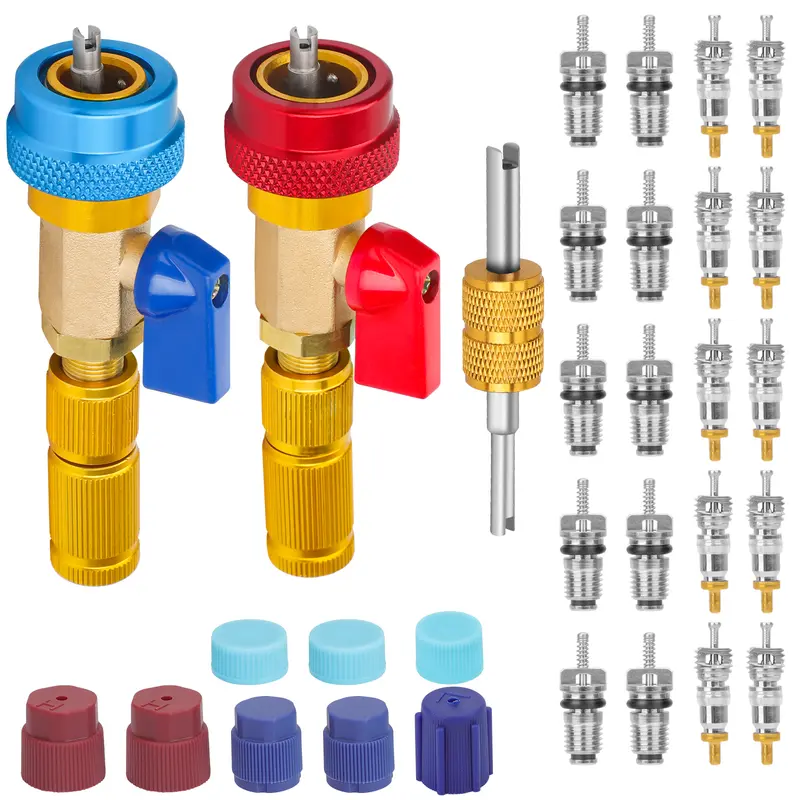 NSI 31Pcs R134A Valve Core Quick Remover Installer Tool Kit - 5V1 Aluminum Alloy & Brass, 13mm Inner Diameter High-Low Pressure Tools with AC Service Port Cap Valve Stem Kit for Anyone Working with Refrigerant Systems