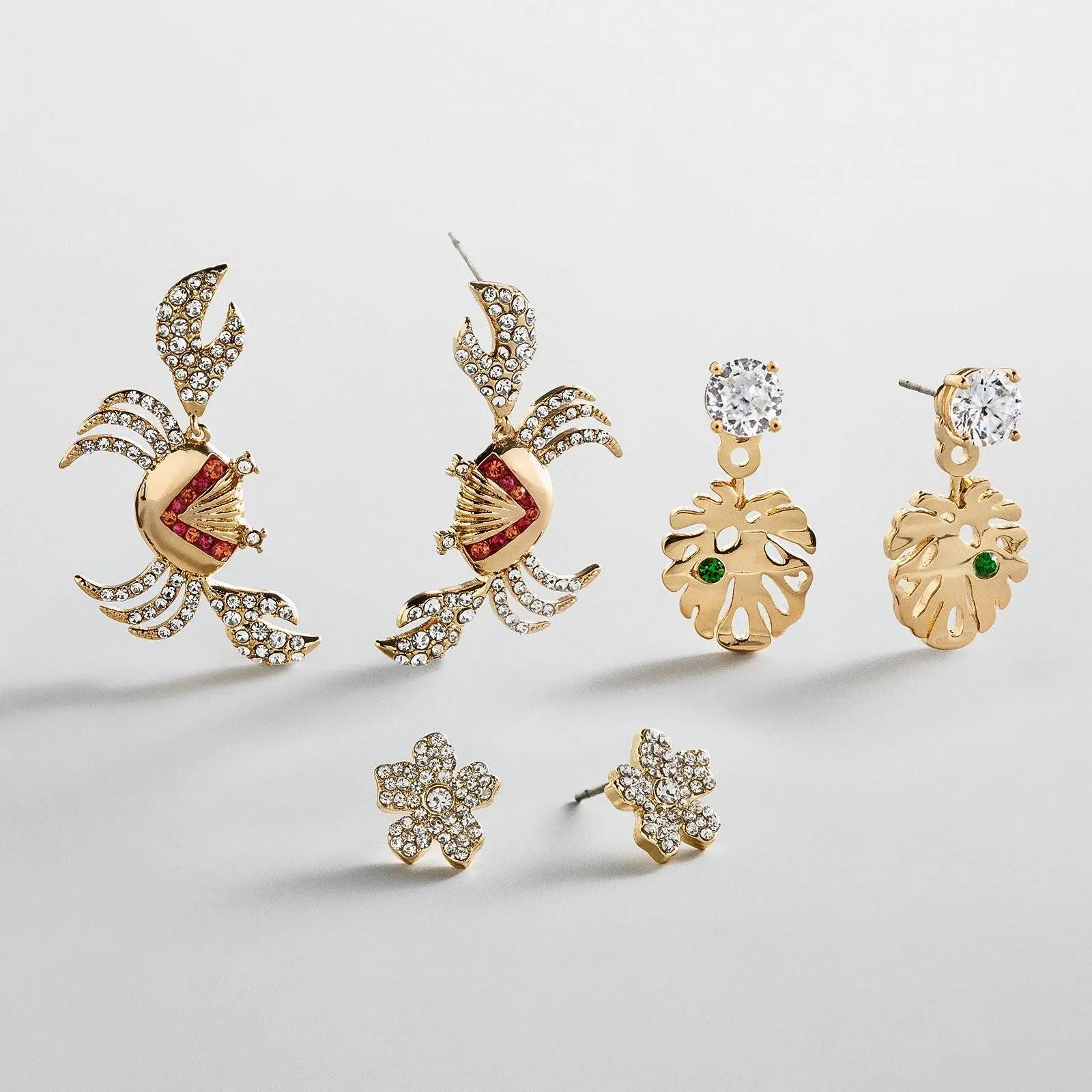 BaubleBar Shore Thing Gold Leaf Boxed Set Earrings - Dainty Details, 3-Pair Endlessly Mixable Accessories Bundle with Pavé Crab, Flower, Malachite Ear Jacket, Beach Treasure