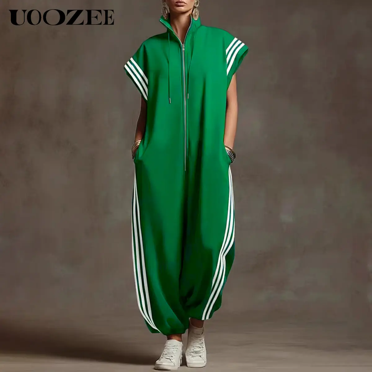 UOOZEE Women's New Summer Casual Side Stripe 100% Polyester Plus Size Contrast Color Pockets Jumpsuits, Loose Short Sleeves Zipper Stand Collar Ninth Pants One-Piece, Loungewear Streetwear Athletic Jumpsuit for Spring Summer Fall Womenswear