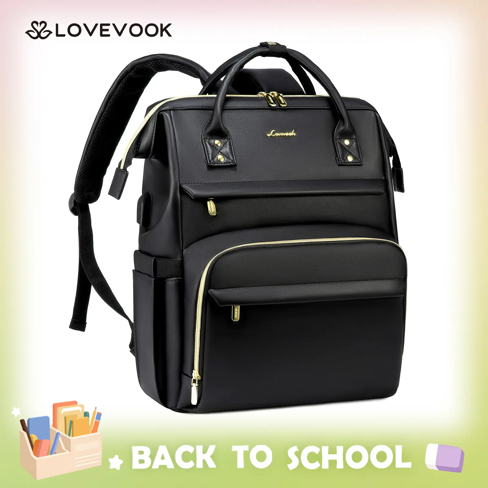 LOVEVOOK Vegan Leather Laptop Backpack with USB Port for Women -Spring Glow Up College, Business, Work, Teacher, Travel, School Backpack,TikTokShopBackToSchool