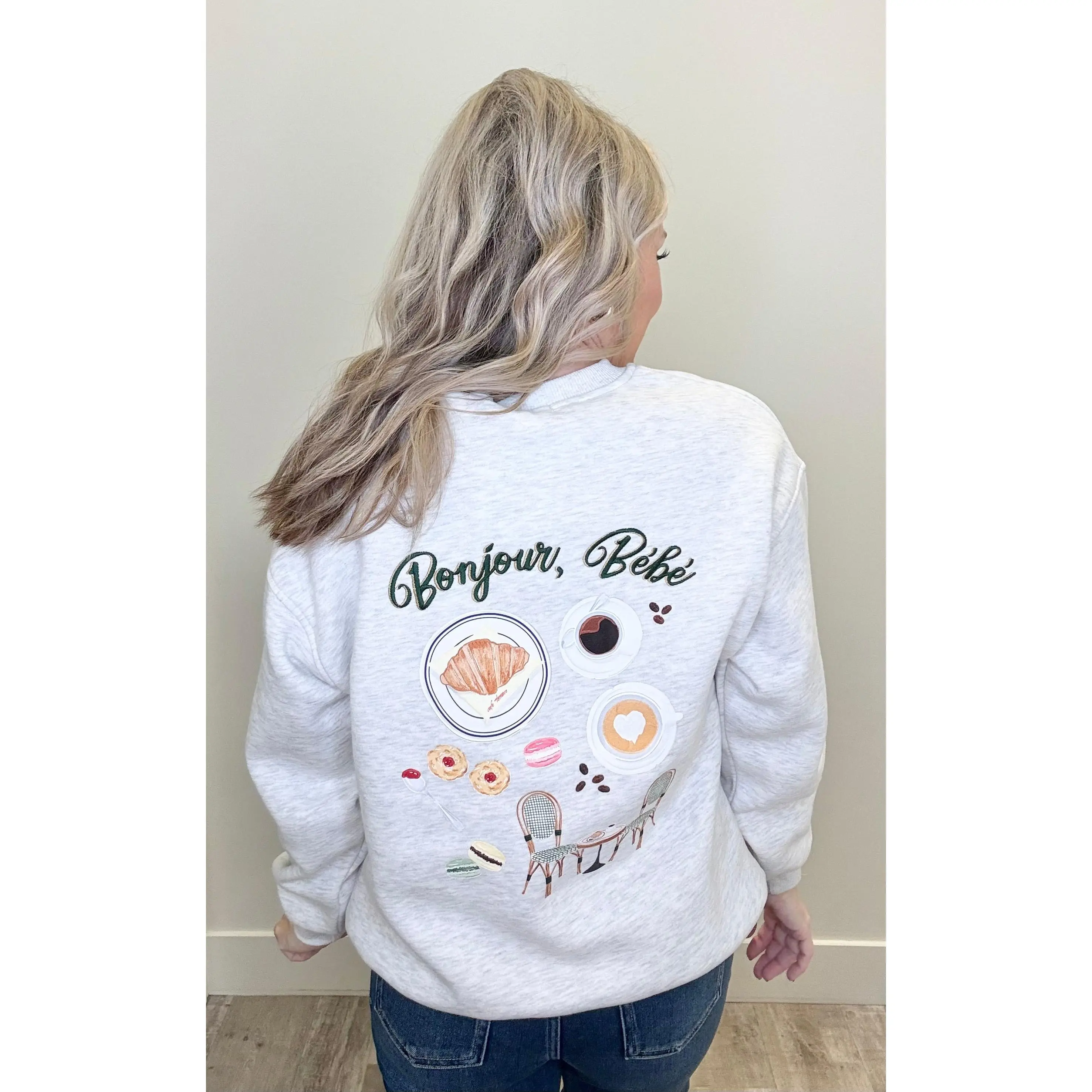 Cute 'Bonjour Bébé' Graphic Sweatshirt and Pants Set, Women's 2-Piece Cozy Loungewear, Polyester Cotton Blend Fabric, Pajamas, Long Sleeve, Clothes