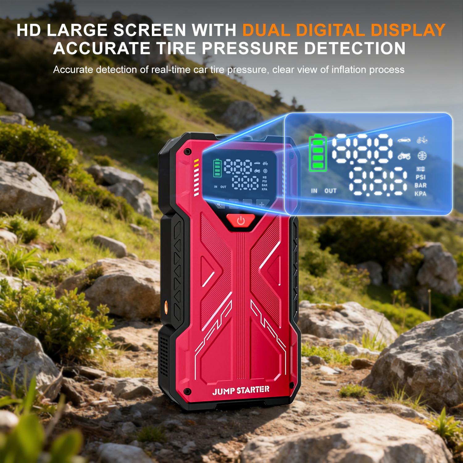 12000mAh Portable Jump starterwith Air Compressor, 150PSl, 12VCar Battery Jump Box, 10L Gas & 8.0LDiesel Engines, Wireless, SafeClamps for Easy Use Auto Accessories