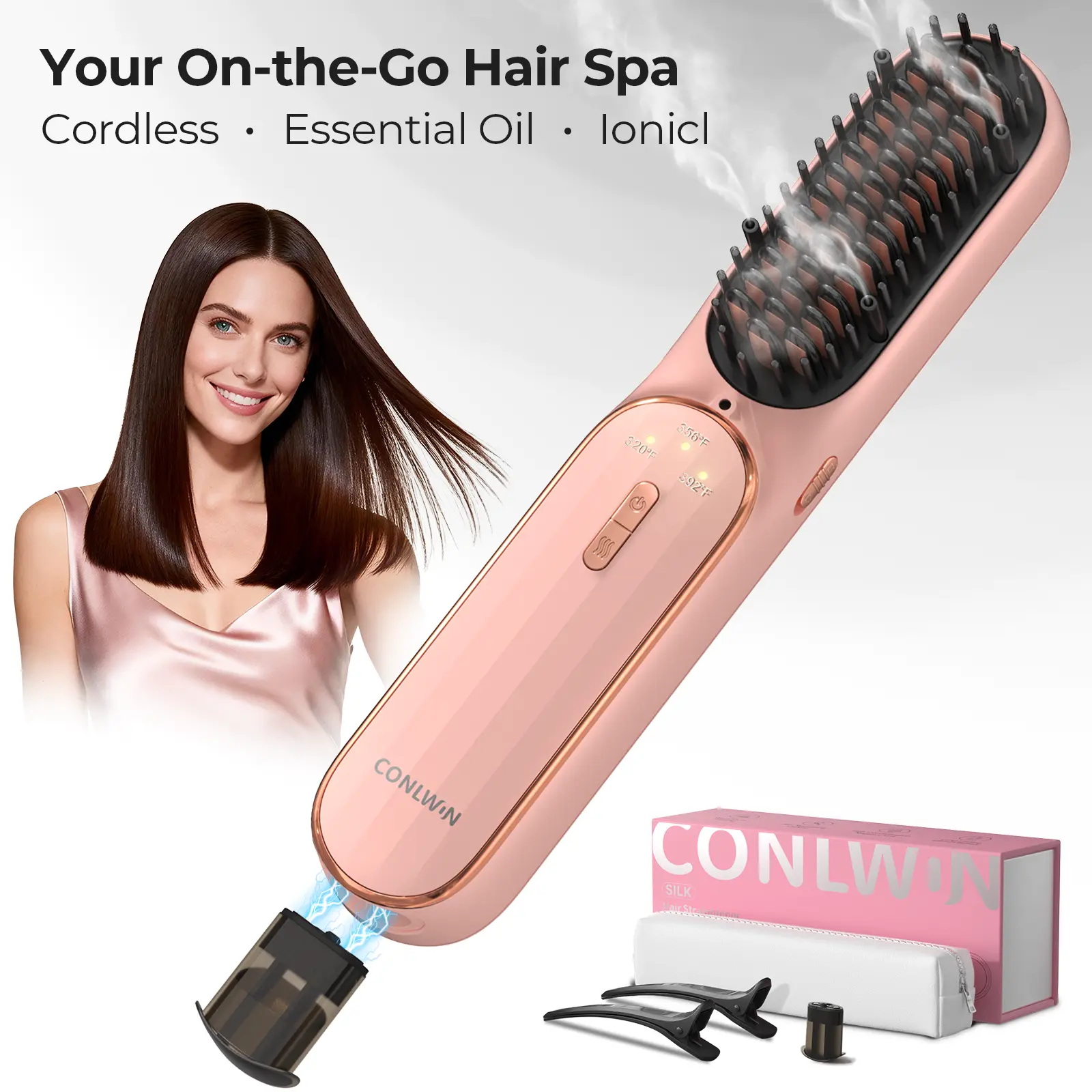 CONLWIN 2026 New Cordless Hair Straightener Brush, Portable for Travel Touch-Ups,Oil Nourished Salon Straightening Brush, Negative Ions Anti-Frizz, Anti Scalding Ceramic Hot Comb with 3 Heat & Safety Lock,dorm essentials