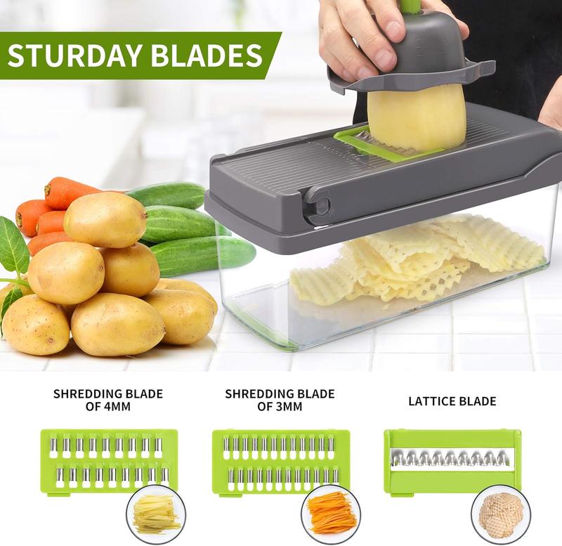 Vegetable Chopper Multifunctional 14-in-1 ABS & Stainless Steel Blades Onion Chopper Slicer Cutter Dicer with 8 Interchangeable Blades Colander Basket Container for Salad Potato Carrot Garlic Easy Clean