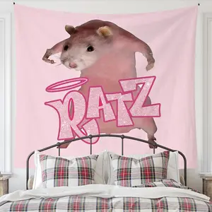 Cartoon Mouse & Letter Pattern Tapestry Wall Mural, Wall Hanging Blanket, Wall Art Decor for Home Living Room Bedroom, Pink summerwins