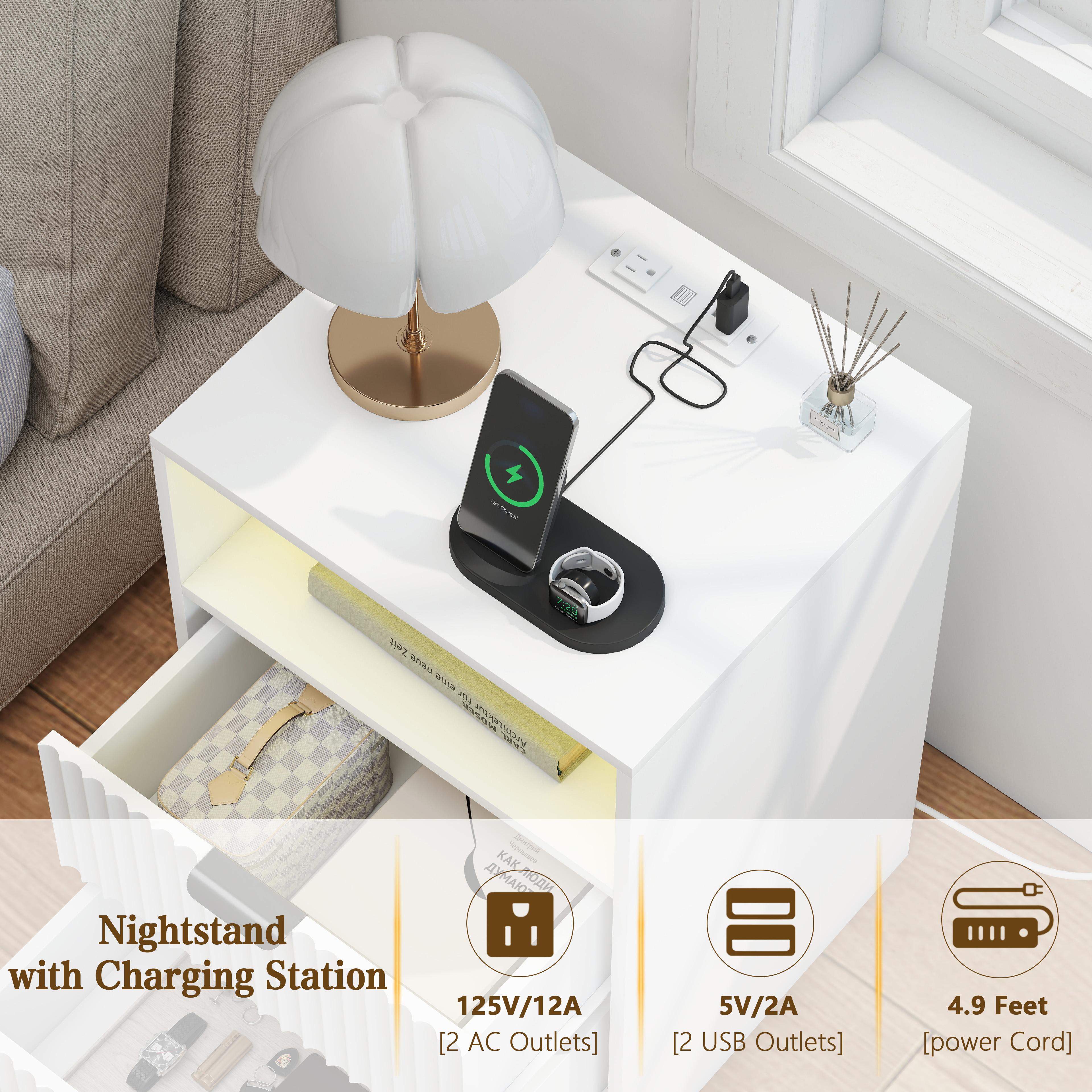 Night Stand Set 2, LED Nightstand with Charging Station,Wood Side Table,Fluted NightStands with 2 Drawers, End & Bedside Tables for Bedroom Sofa Office,Natural Oak