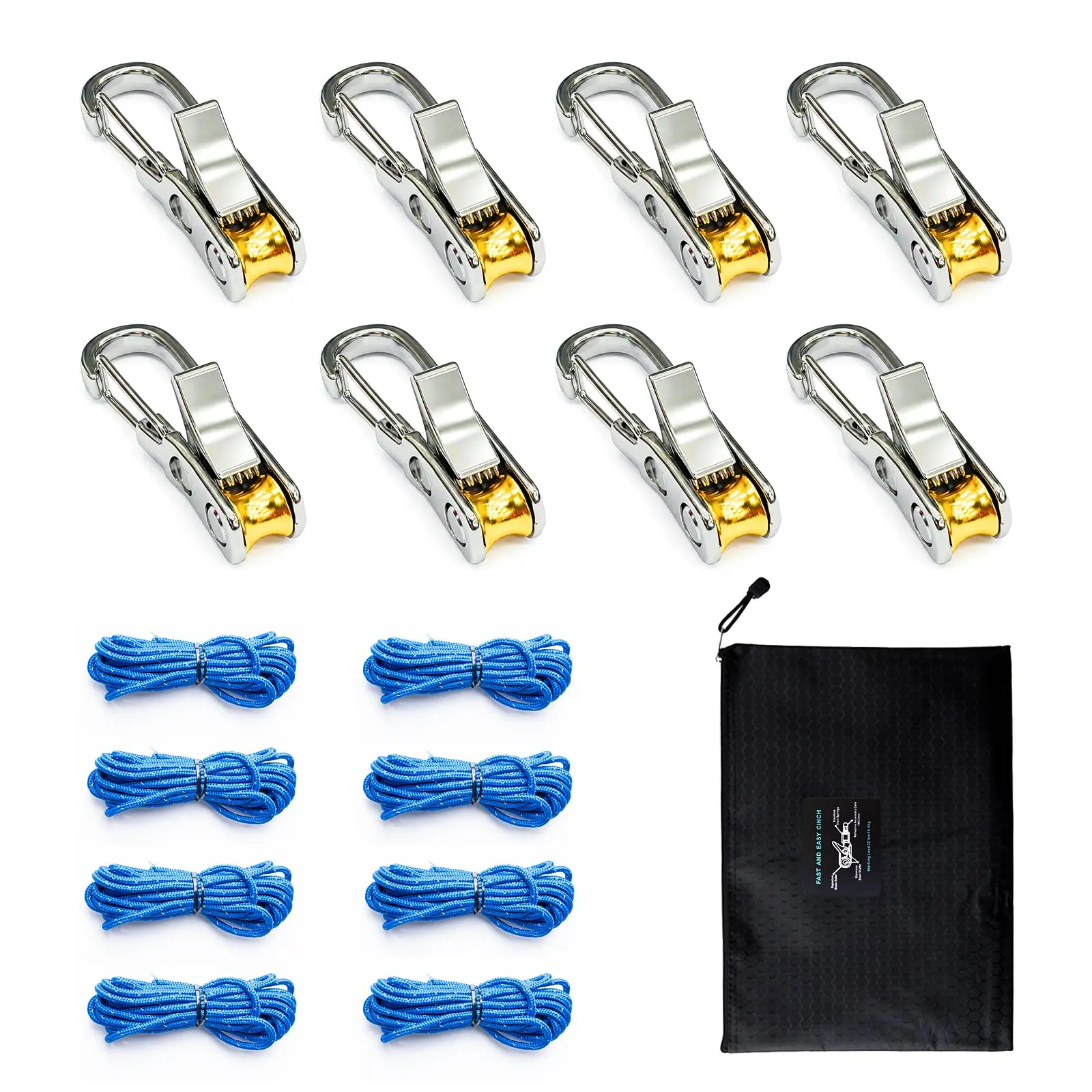 +8-Pack QEG Rollercam Heavy-Duty Rope Tensioner & Hook Pull Tightening Tool, Tie Down with 8 Reflective Cords + Carry Bag, Ideal for Tarps/Boating - Memorial Day Deal