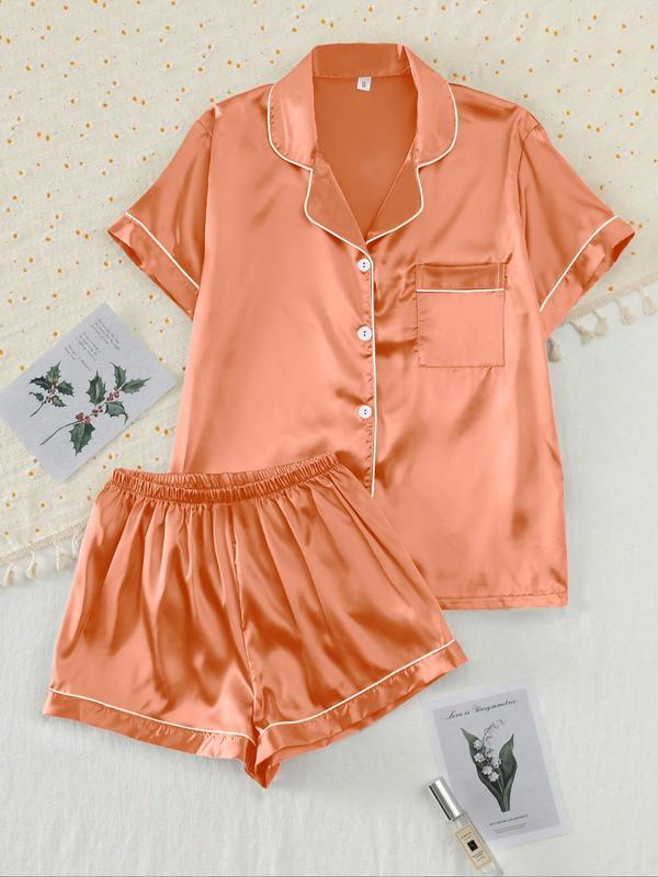 【Valentine's Day】Women's Two-piece Shirt & Shorts Satin Pajamas Set, Ladies Summer Sleepwear