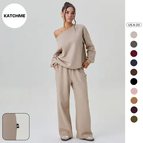 Katch Me Chic(US)Women's Versatile Solid Sloping Shoulder Long Sleeve Top & Wide Leg Trousers Co-ord, Cozy Slouchy Scoop Neck Two Piece Outfits, Fall & Spring Daily Wear