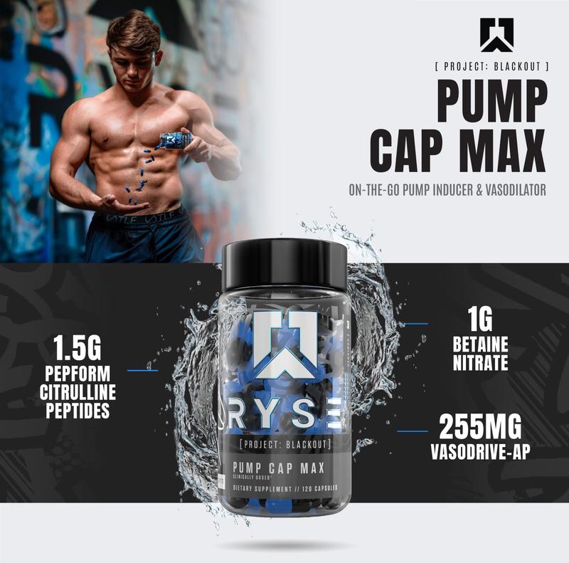 RYSE Project Blackout Pump Cap Max - Pre Workout Nitric Oxide Booster Supplement for Men - Pumps & Blood Flow - 30 Servings (120 Capsules)