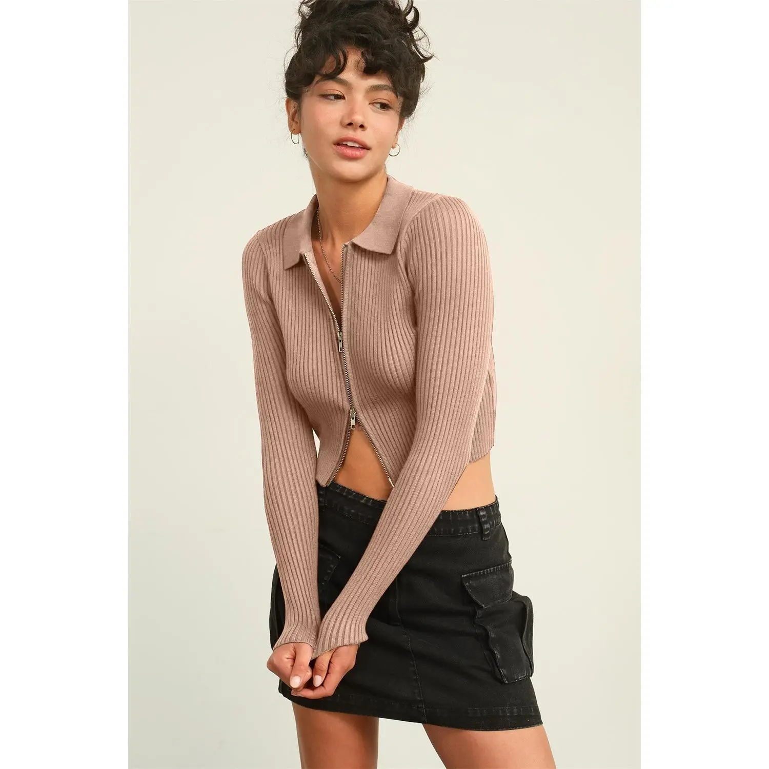 HYFVE Ribbed Double Zip Cropped Cardigan