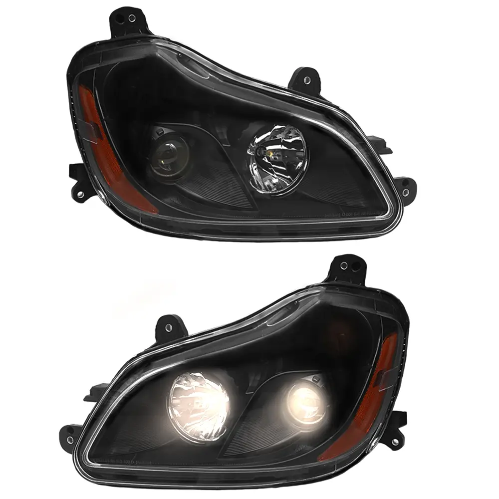 Halogen Headlight Assembly for 2013-2021 Kenworth T680 Semi Truck, Black Housing Clear Lens Headlamp OE Replacement (Pair / Left Driver / Right Passenger Side)