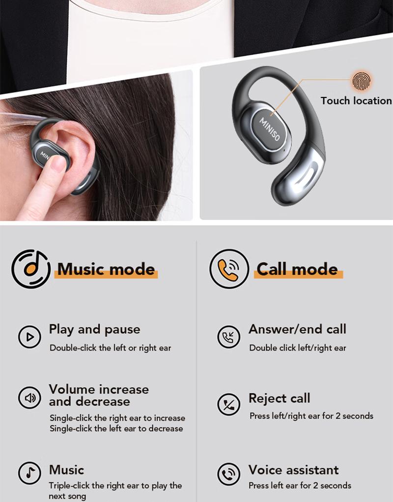 MINISO MS156 Open-Ear Wireless Bluetooth Earphones IPX5 Waterproof High-Fidelity Sound for Outdoor Activities & Daily Use