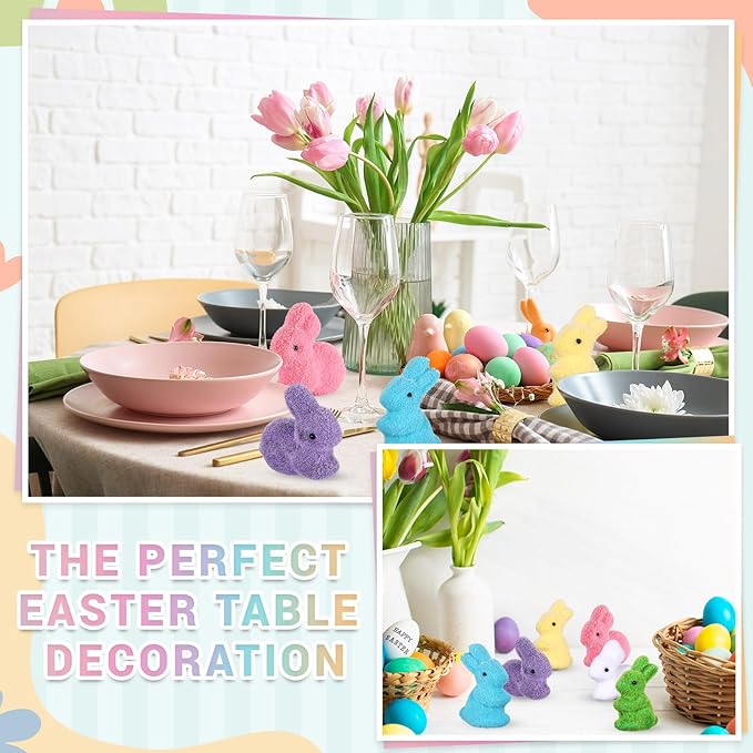 Pastel Flocked Easter Bunny Figurines - 7/6/4 Pcs Cute Velvet Rabbit Statues Set with Bow Ties, Adorable Easter Decor 2026 Bunny in Multiple Sizes & Poses for Tiered Tray Decor Spring Table Centerpiece Shelf Mantel Display Home Party Gifts Basket Stuffers