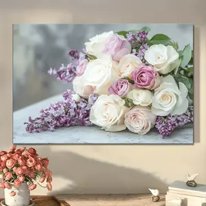 Vintage Pink and White Flowers Room Decoration Wooden Frame Painting	