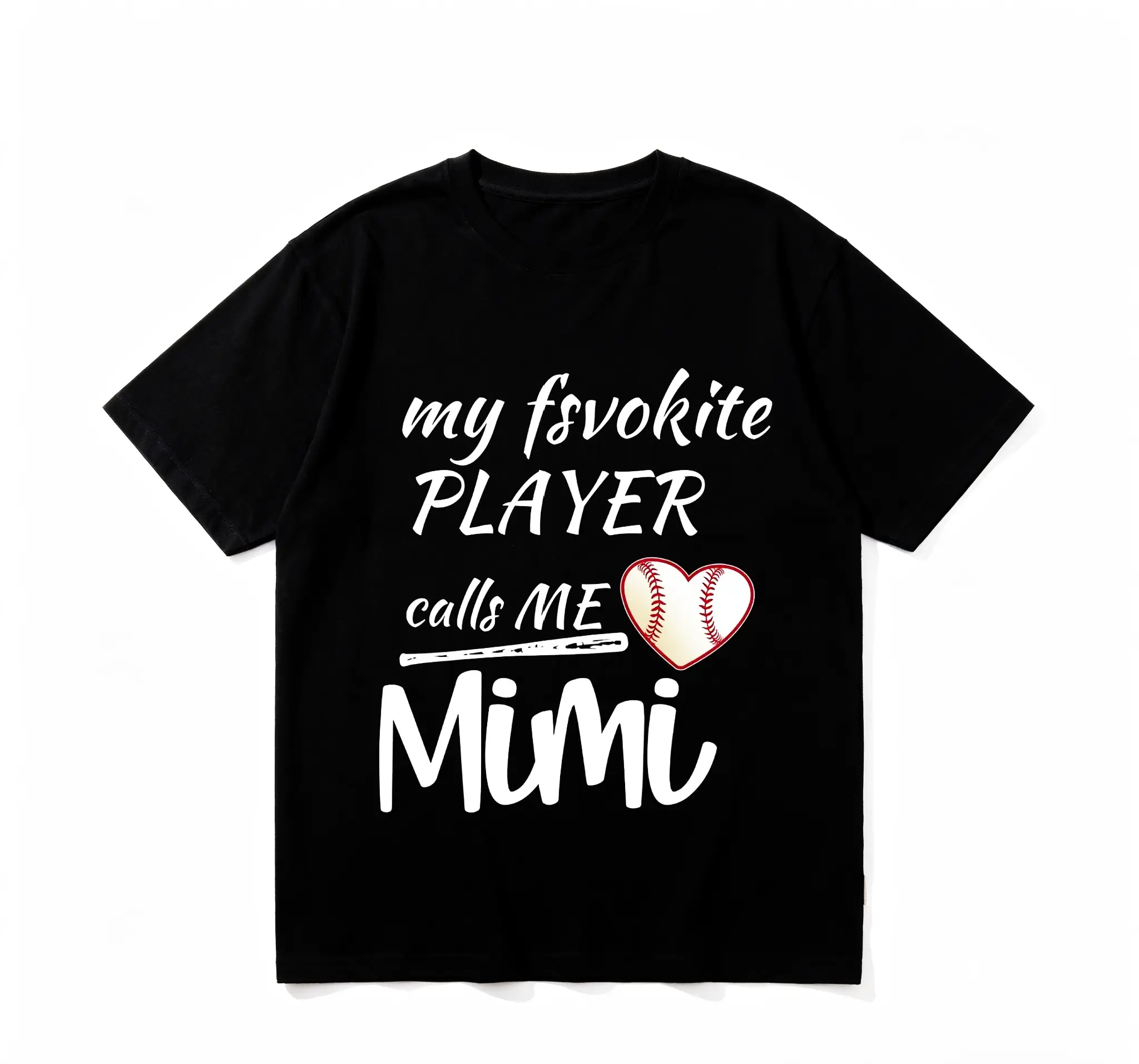 Mimi Women's 100% Cotton Shortsleeve Casual T-Shirt - Black Round Neck, "My Favorite Player Calls Me Mimi" Heart Design, Loose Fit, Machine Washable Top for Baseball Moms, Everyday Style, Tshirt