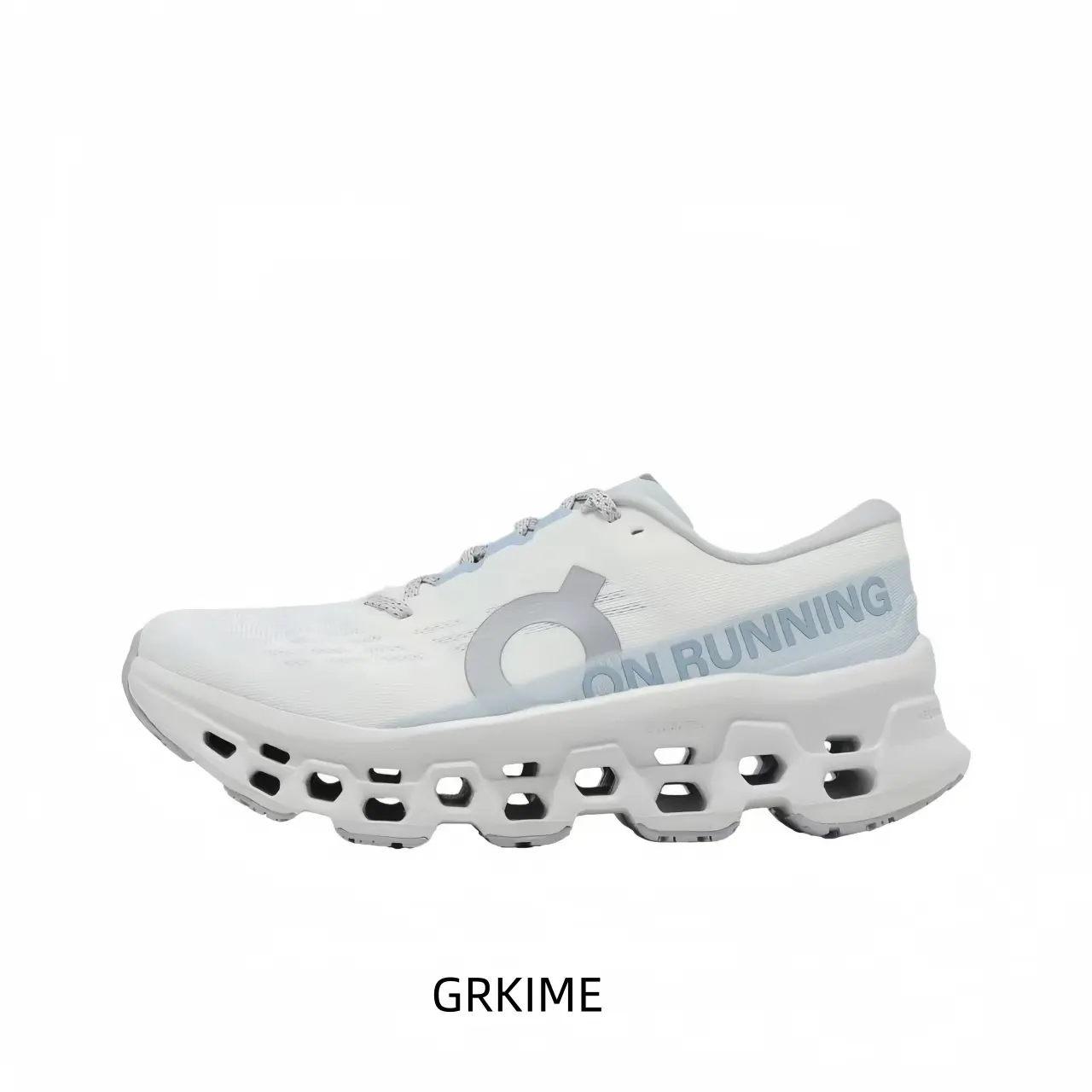 Pure White And Ice Blue Technical Running Shoe Featuring A Hollow-Core Segmented Midsole, A High-Contrast Cyan Anatomical Overlay, And Bold Side Lettering
