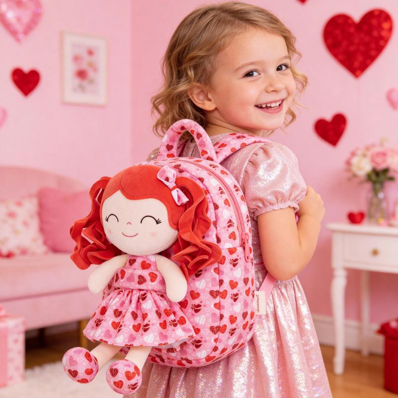 Gloveleya Valentine's Day Gift for Girls, Plush Doll Backpack with Detachable Soft Doll, 2-in-1 Toddler Toy Bag for Age 2-6, Birthday Gift for Little Girl, Pink Fairy Doll Nursery Bag