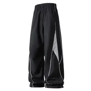 Men's Loose Retro Spliced Sports Pants, Casual Straight Pants, Drawstring Casual Pants
