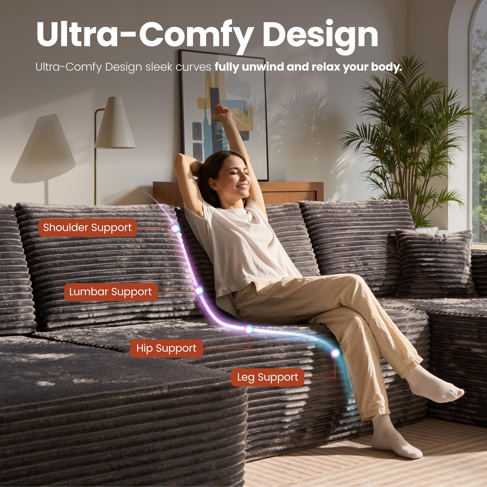 【3 Packages Shipping】Ovios 135" Sectional Cloud Sofa with Ottoman for Living Room, U Shaped Modular Floor Boneless Couch with Chaise, Plush Corduroy, No Assembly Required, Big Comfy Couches Set with Fluffy Memory Foam