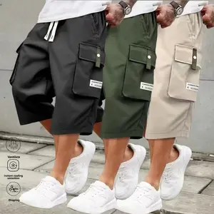 Men’s Summer Lightweight Cargo Pants – Casual cargo style featuring a drawstring waist, large pockets, and letter patches; solid color, regular fit; suitable for casual wear and outdoor activities; knee-length; men’s gift