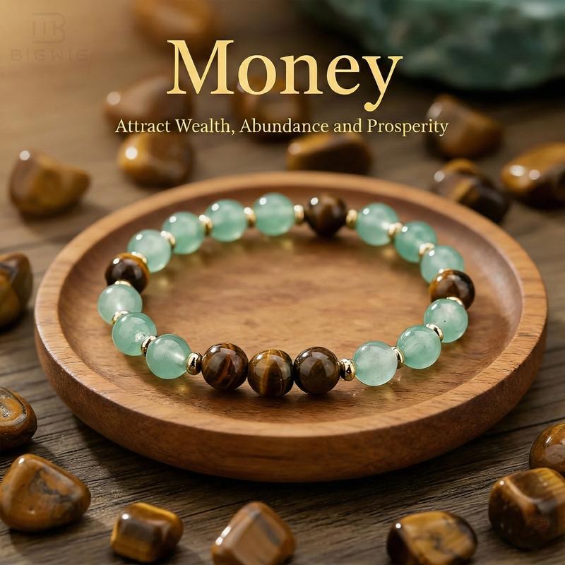 1pc Money Attraction Bracelet with Green Aventurine & Tiger Eye for Wealth & Good Luck, Wealth Manifestation Crystal Bracelet for Birthday, Anniversary, Summer Vacation & Theme Parties Jewelry Gift for Women and Men