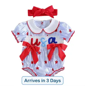[Yomi Kids 3-DAY SHIP] July 4th Baby Girl Patriotic Striped Romper Embroidery Star Print Short Sleeve Bubble Jumpsuits with Headband Independence Day Last Minute Gift