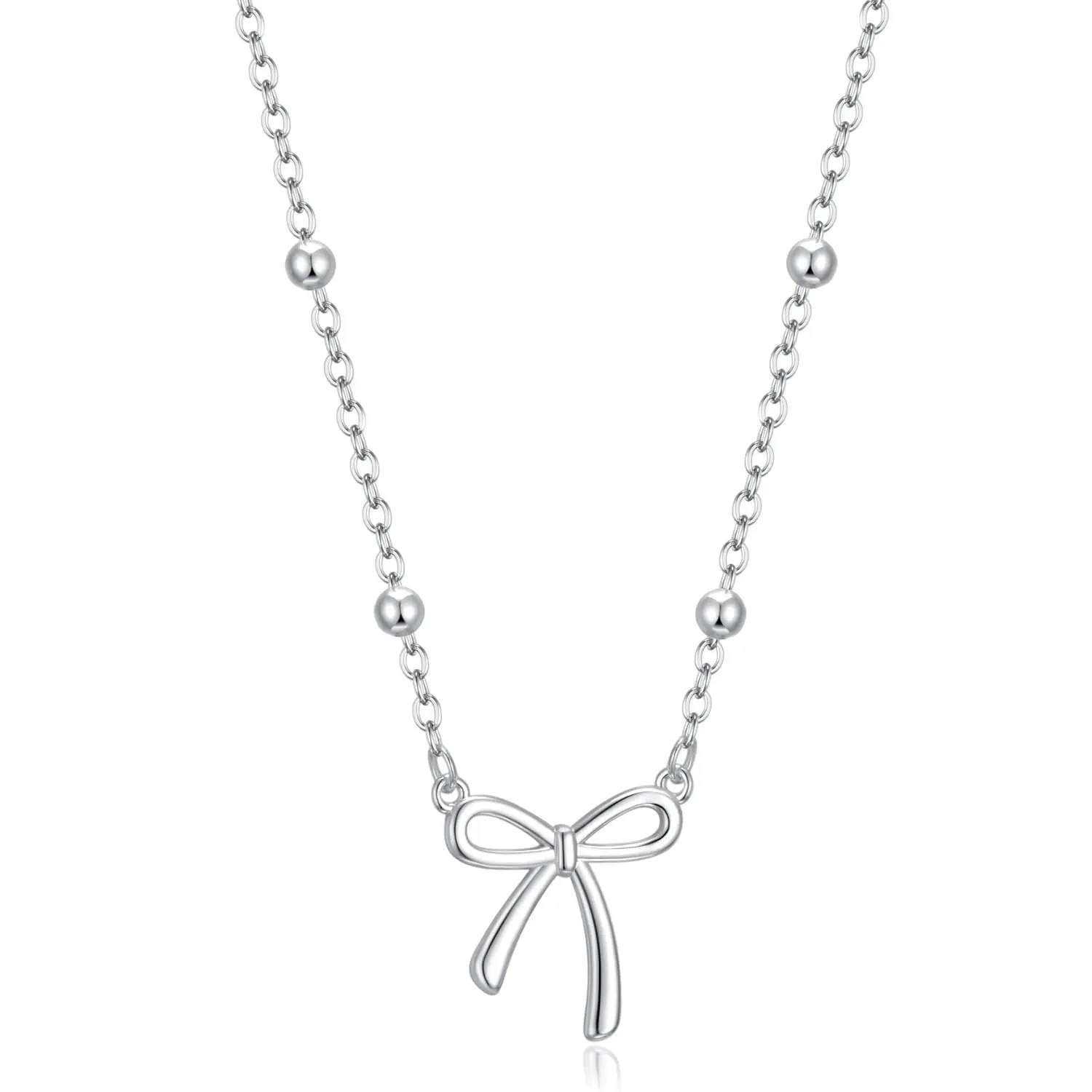 Dainty Silver Bow Pendant Necklace, Cute Ribbon Choker with Beaded Chain for Women & Girls