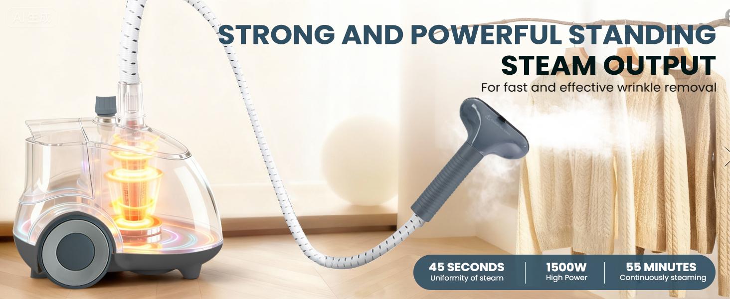 Sweetcrispy Standing Fabric Steamer Professional Wrinkle Remover 1500W Quick Heating 45 Secs Efficient Clothing Care with Large Water Tank & Easy Fill