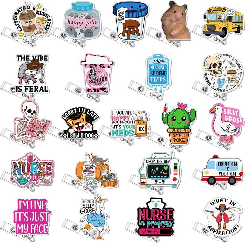 36/24/12/10 Pcs Funny Badge Reels for Nurses Cute Acrylic ID Badge Holder with Retractable Name ID Clip Bulk Badge Reel Accessories for Doctors Teachers Nursing Students Coworkers Medical Assistants New Grad Nurse Onboarding Gifts, Clinical Essentials