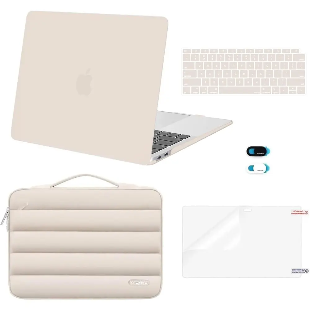 MOSISO 13in All-in-1 Daily Protection Laptop Case Kit for MacBook Air 2022-2018 (A2337 M1, A2179, A1932) - Water-Resistant Dustproof Flexible Plastic Hard Case, Anti-Slip Puffy Sleeve Bag, 2 Keyboard Covers, Webcam Cover, Screen Protector for School