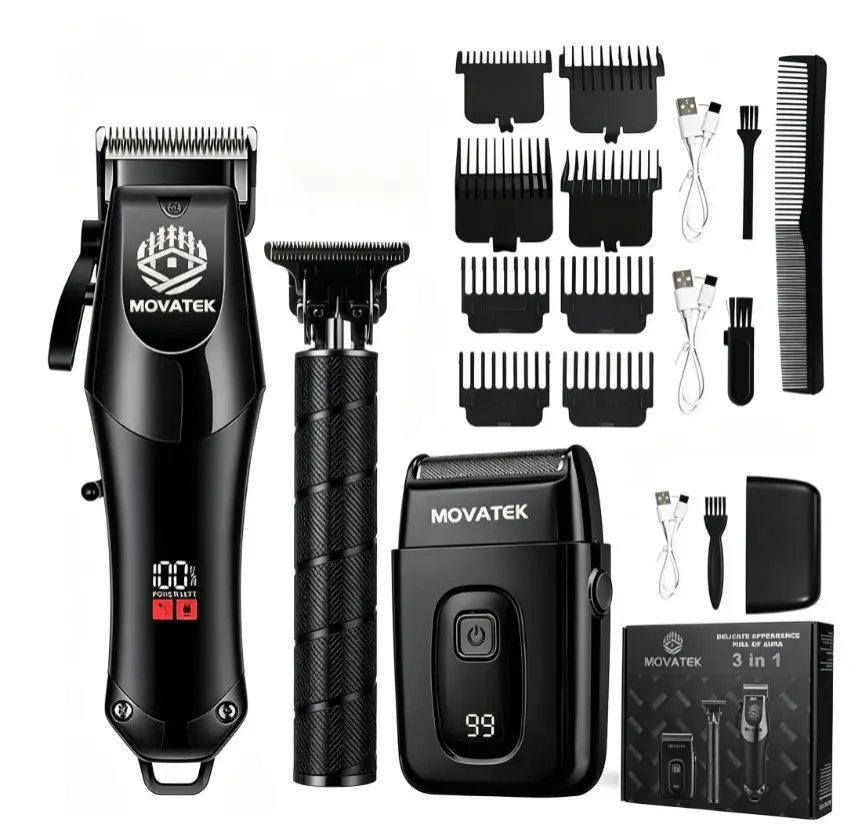 MOVATEK Men's 3-Piece Professional Barber Hair Clipper & Detail Trimmer Kit - 650g, USB Fast Recharge, LCD Power Display, Multi-Size Adjustable Blades, Cordless Grooming Tools for Adults' Face, Body, Underarms (Home & Salon Use)