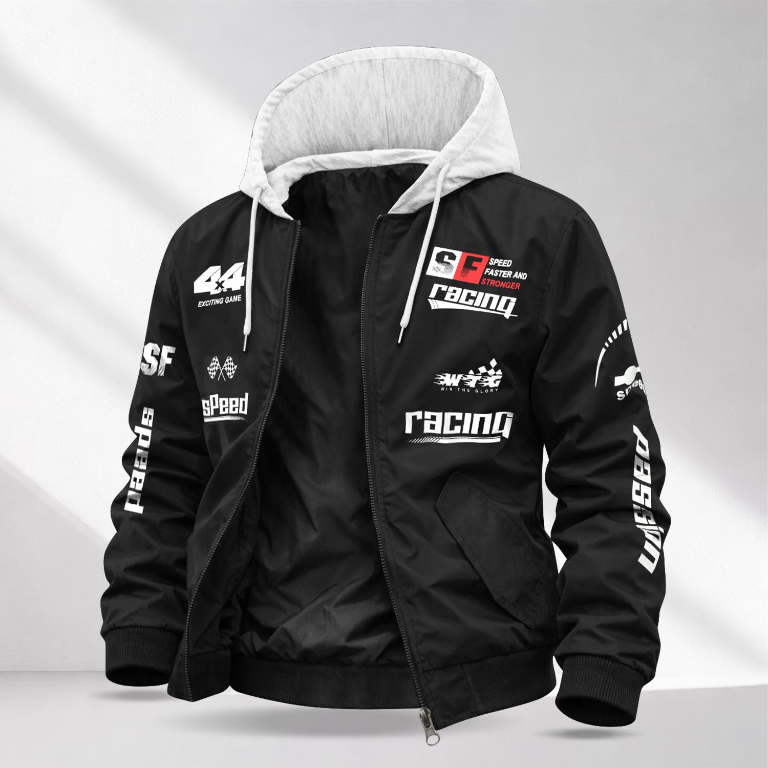 Men’s Letter Print Casual Jacket — Drapey, Wrinkle-Resistant fabric ; Color-Blocked Design with Hood and Drawstring; Retro Racing Style; Perfect for Going Out, Commuting, and Dates; A Stylish, Versatile Outerwear Piece