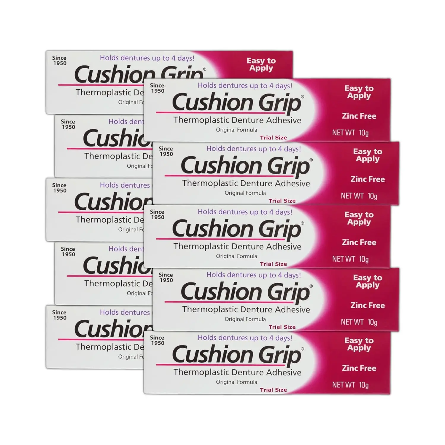 Cushion Grip Thermoplastic Denture Adhesive, 0.35 oz Travel Size | Refits and Tightens Loose Dentures On The Go | Non-Glue Adhesive, Acts Like a Soft Reliner pack of 10