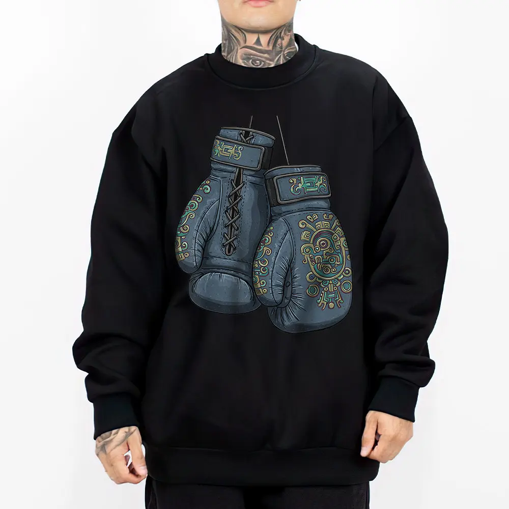 Mexican Vintage Style Boxing Graphic Tee for Men & Women Medium Heavy Polyester Sweatshirt Loose Fit Casual Streetwear Unisex Hoodie BX3 Black with Blue Boxing Gloves Design