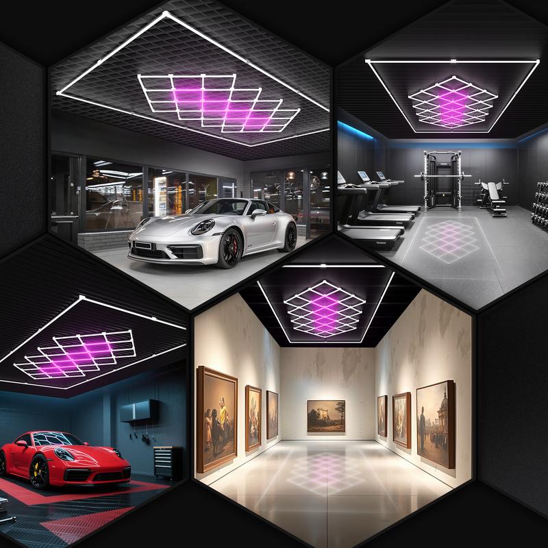 HYPERLITE Color Glow, Garage Lights, Honeycomb Design, Rectangle Frame Modular Lighting, LED Ceiling Light, 568W-624W 56800LM-62400LM, 6500K Bright White, for Garages, Workshops, Gyms, Studios,  Barber Shops, Decorative Spaces，Jumpstart newyear