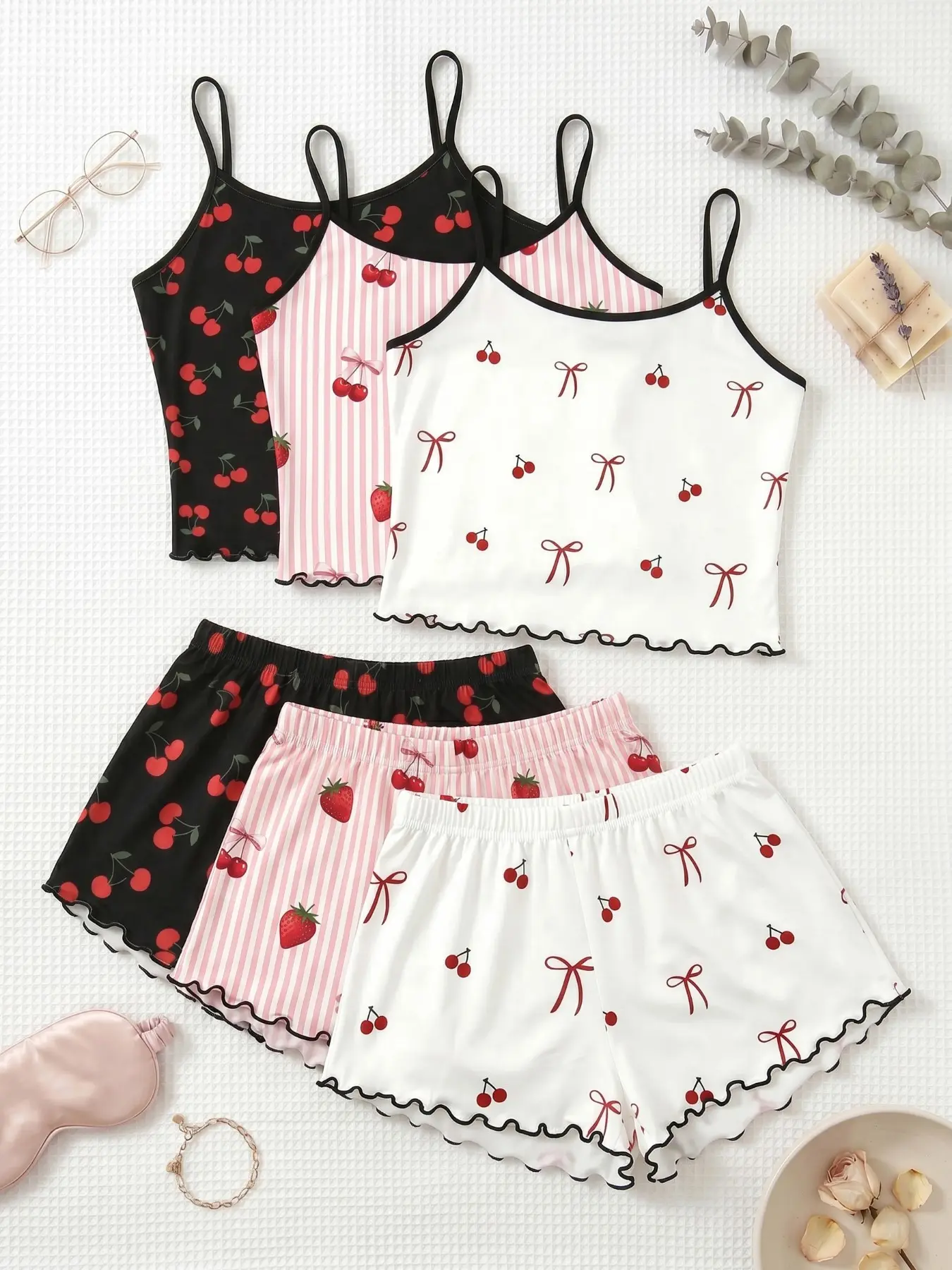 Women's Sleeveless Pajama Set, Cute Bow Cherry Fruit All-Over Print, Slim-Fit Above-The-Knee Sleepwear, Spring Summer Essential, Short, Matching
