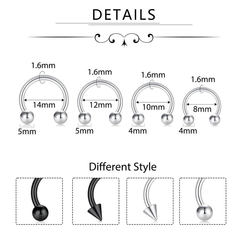 16G Horseshoe Rings Surgical Steel Nose Septum Hoop Earring Eyebrow Tragus Lip Daith Helix Piercing Jewelry for Women Men 6-12mm Unisex Smily Piercing with Balls & Spikes Gift value pack 34mm  septum piercing Titanium Holder nose  rings 5-18 pc nose ring
