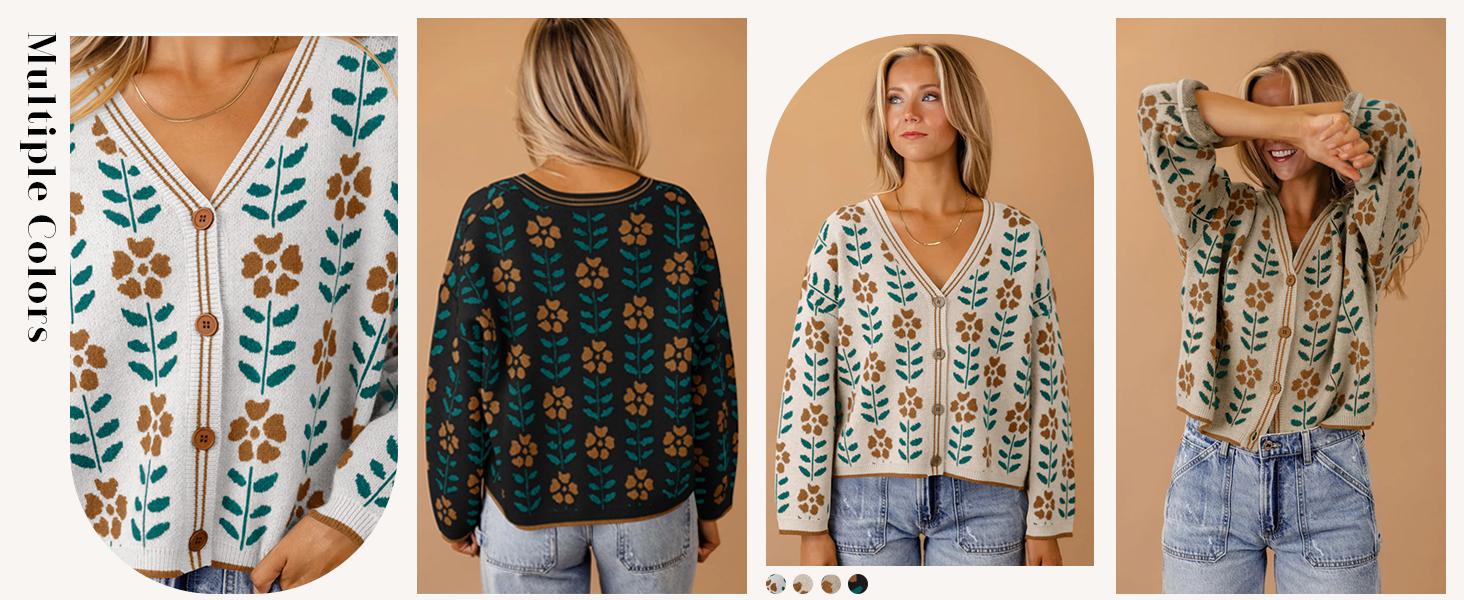 Imily Bela Womens Floral Print V Neck Cardigan Open Front Button Down Knit Sweater Long Sleeve Loose Fashion Tops