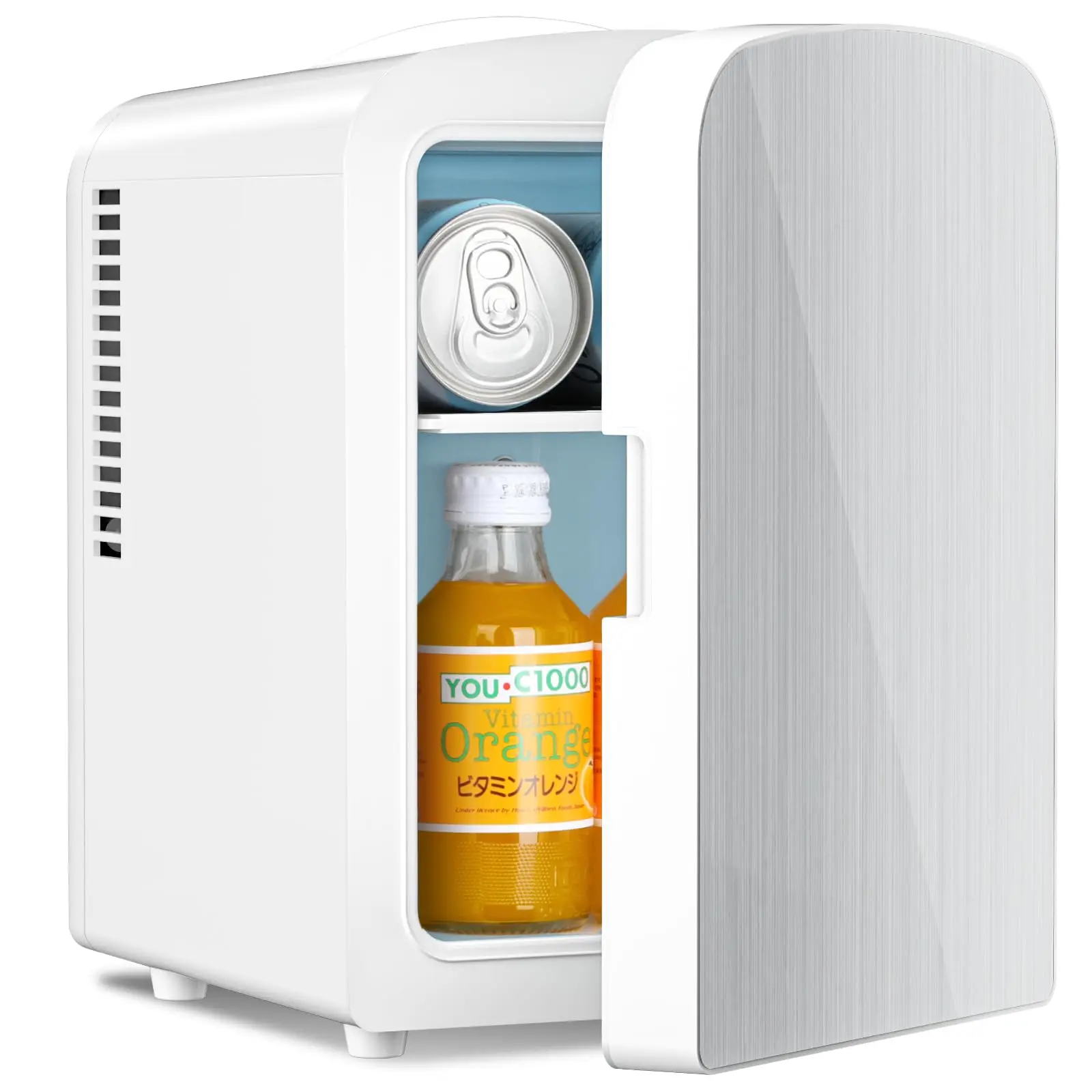Antarctic Star 4L Compact Refrigerator - Magnetic Brushed Stainless Steel Door, White, 6 Can Storage, Cooling Fast, Car Power Compatible, for Camping & Small Spaces, Portable Mini Cooler for Cosmetics & Skin Care, Mini Fridge