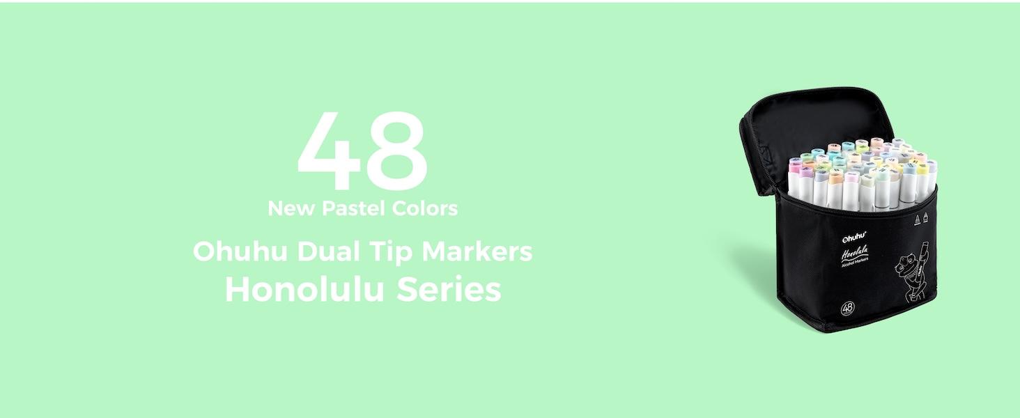 Ohuhu Honolulu Brush Markers: 48 Pastel Colors Double Tipped Art Marker for Artist Coloring Illustrations-Brush&Chisel/Fine -Refillable Ink-Blossoming