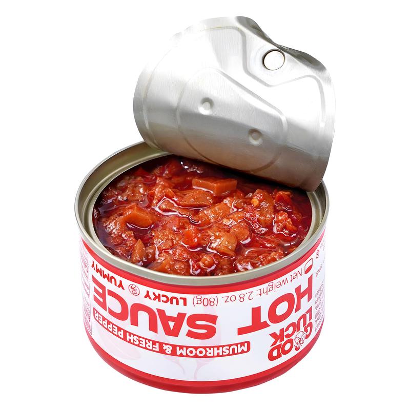 Good Luck Hot Sauce - Mushroom & Fresh Pepper Flavor | 6 Cans Box | 2.8 oz Each | Vegan Chili Dip | Mild Heat | Perfect for Tacos & Hummus Dips | Premium Ingredients | Mixed Flavors