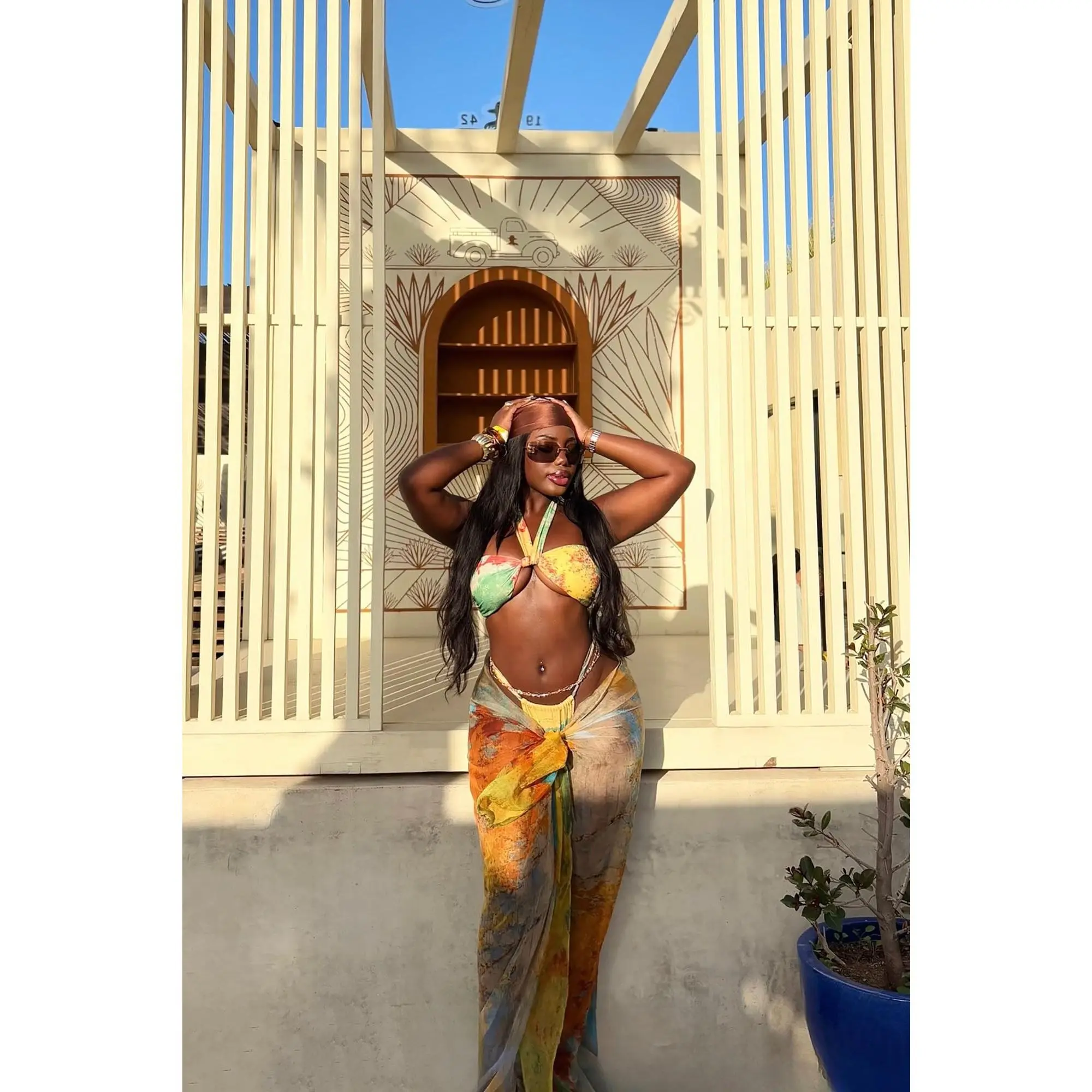 Mina Bandeau Halter Chiffon Sarong 3 Piece Bikini Set - Yellow/combo