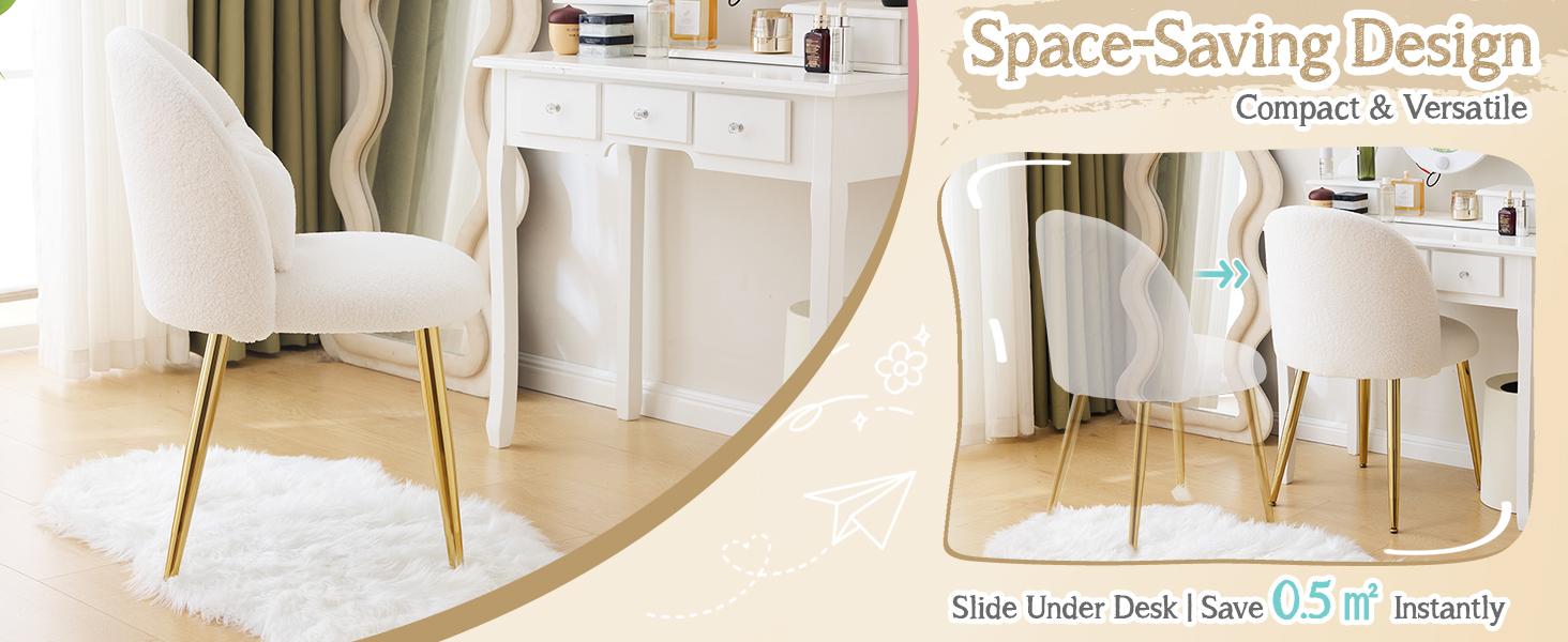 VINGLI Boucle Girls Vanity Chair with Back & Pillow,Cute Small Cozy Desk Chair No Wheels,Comfy Makeup Ch with Ajustable Gold Legs,for Bedroom,Living Room,Small Space