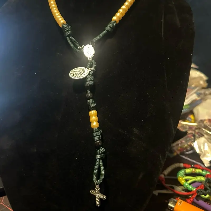 Handmade paracord 5 decade rosary blessed “ The Friar” Green with Gold and Black beads with sacred Medal