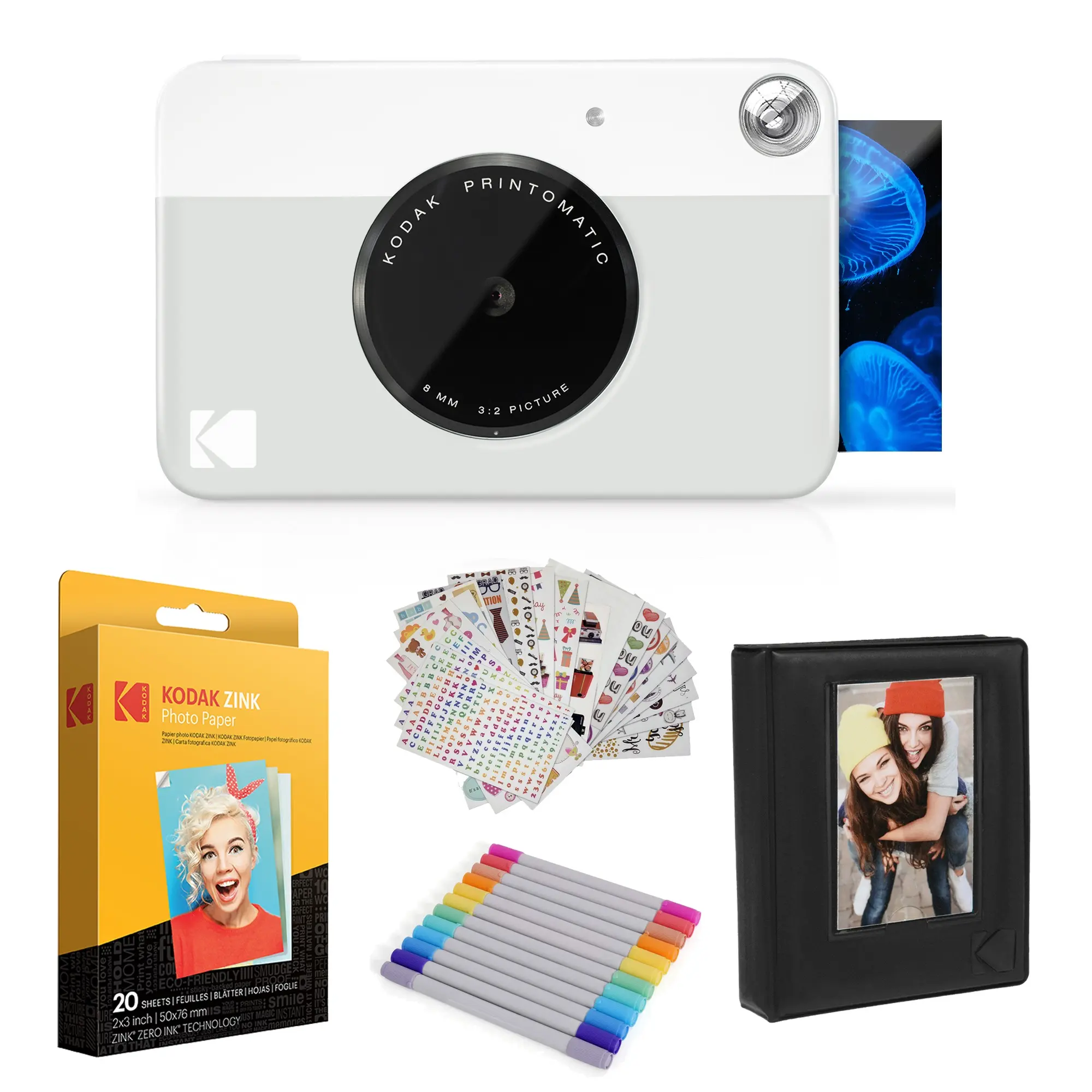 Kodak Portable Mini Printomatic Instant Print Camera (Grey) with 20 Sheets Photo Paper, Lens, Picture-Capturing Photographic Kit & Accessories Gift Bundle, Plastic, Pocket Camera, Compact
