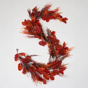 Fall Flame - Burgundy Red Autumn Oak Leaf with Flocked Fountain Grass & Acorns Fall Table Runner Mantel Garland