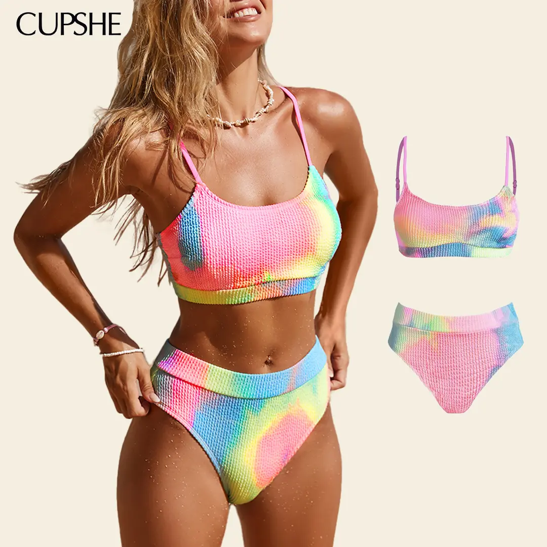 CUPSHE Women's Bikini Set Two Piece Swimsuits Stylish Beachwear High Waisted Scoop Neck Spaghetti Adjustable Straps Textured Swimwear Bathing Suits Bathing suit #summerfinds
